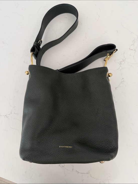 Strathberry Handbags - Strathberry Dark Green Pebbled Leather Shoulder Bag with Gold Accents